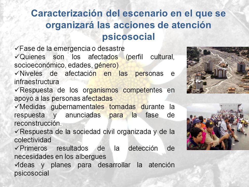 Caracterización del escenario en el que se organizará las acciones de atención psicosocial