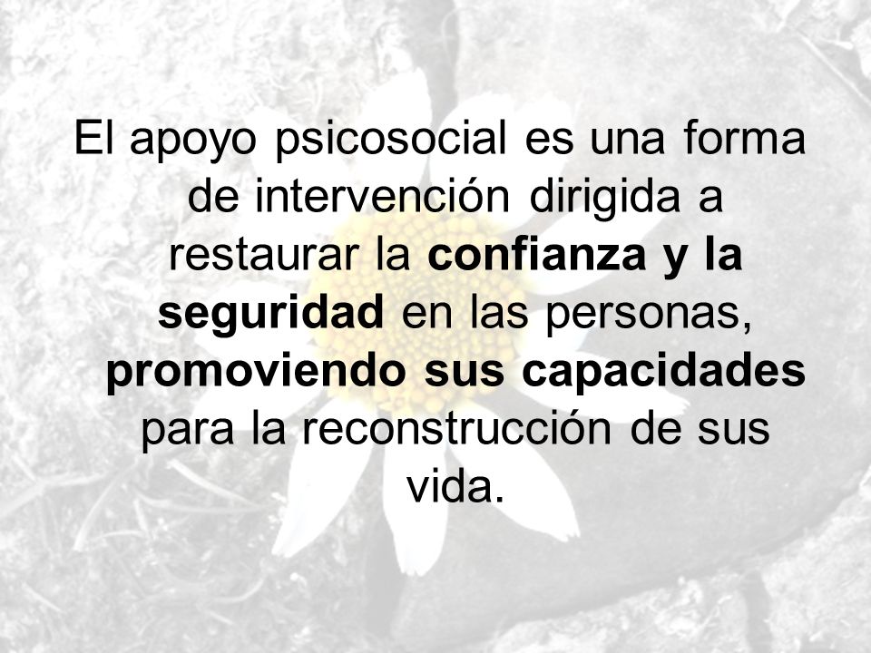 El apoyo psicosocial es una forma de intervención dirigida a restaurar la confianza y la seguridad en las personas, promoviendo sus capacidades para la reconstrucción de sus vida.
