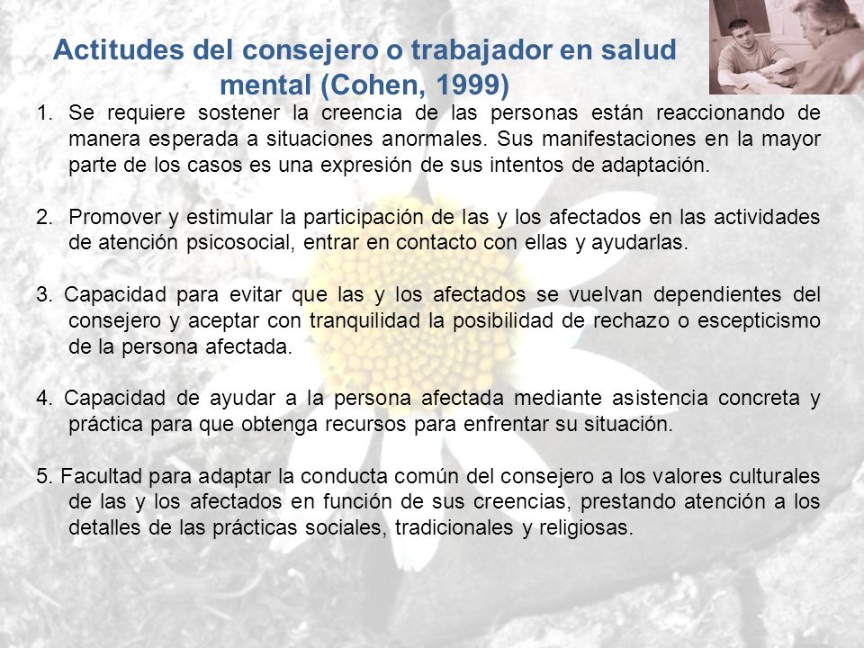 Actitudes del consejero o trabajador en salud mental (Cohen, 1999)
