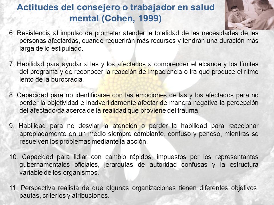 Actitudes del consejero o trabajador en salud mental (Cohen, 1999)