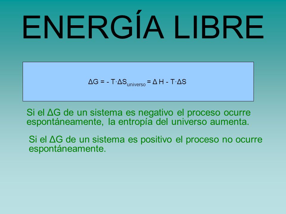 ENERGÍA LIBRE ΔG = - T·ΔSuniverso = Δ H - T·ΔS. ߡsuniverso = ߡssistema - ߡHsistema/T.