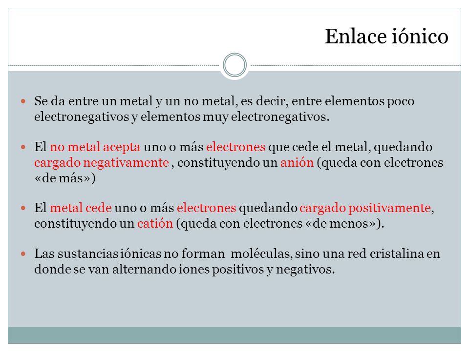 Enlace iónico Se da entre un metal y un no metal, es decir, entre elementos poco electronegativos y elementos muy electronegativos.