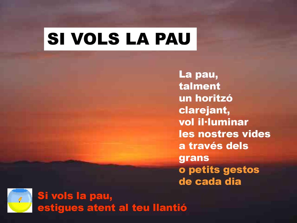 SI VOLS LA PAU La pau, talment un horitzó clarejant, vol il·luminar les nostres vides a través dels grans o petits gestos de cada dia.