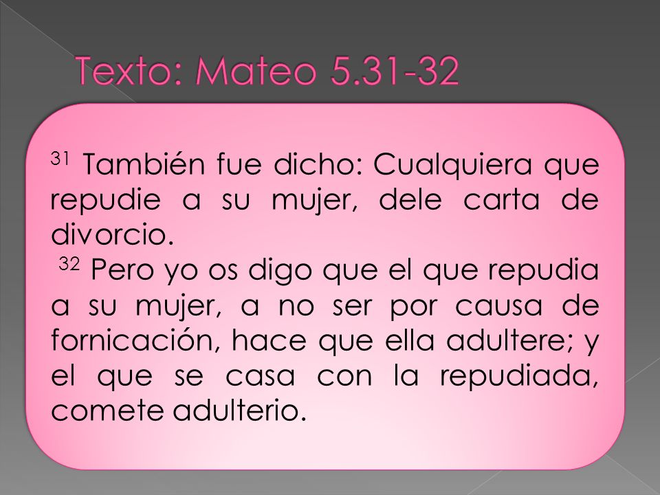 Texto: Mateo También fue dicho: Cualquiera que repudie a su mujer, dele carta de divorcio.