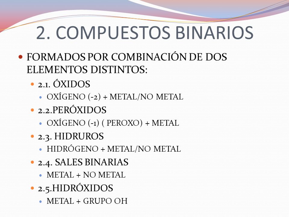2. COMPUESTOS BINARIOS FORMADOS POR COMBINACIÓN DE DOS ELEMENTOS DISTINTOS: 2.1. ÓXIDOS. OXÍGENO (-2) + METAL/NO METAL.