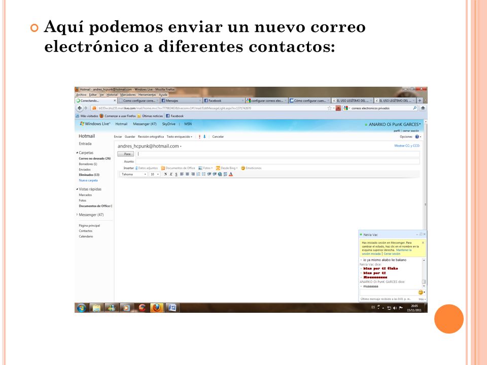 Aquí podemos enviar un nuevo correo electrónico a diferentes contactos: