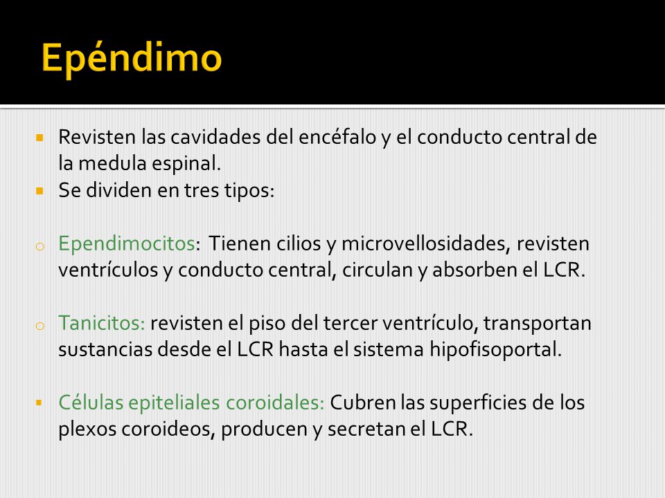 Epéndimo Revisten las cavidades del encéfalo y el conducto central de la medula espinal. Se dividen en tres tipos:
