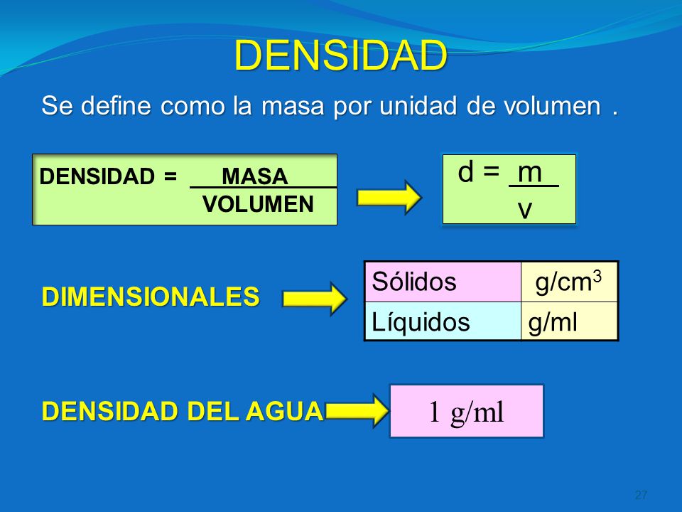 DENSIDAD d = m v 1 g/ml Se define como la masa por unidad de volumen .