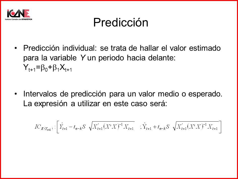 Predicción Predicción individual: se trata de hallar el valor estimado para la variable Y un periodo hacia delante: Yt+1=b0+b1Xt+1.