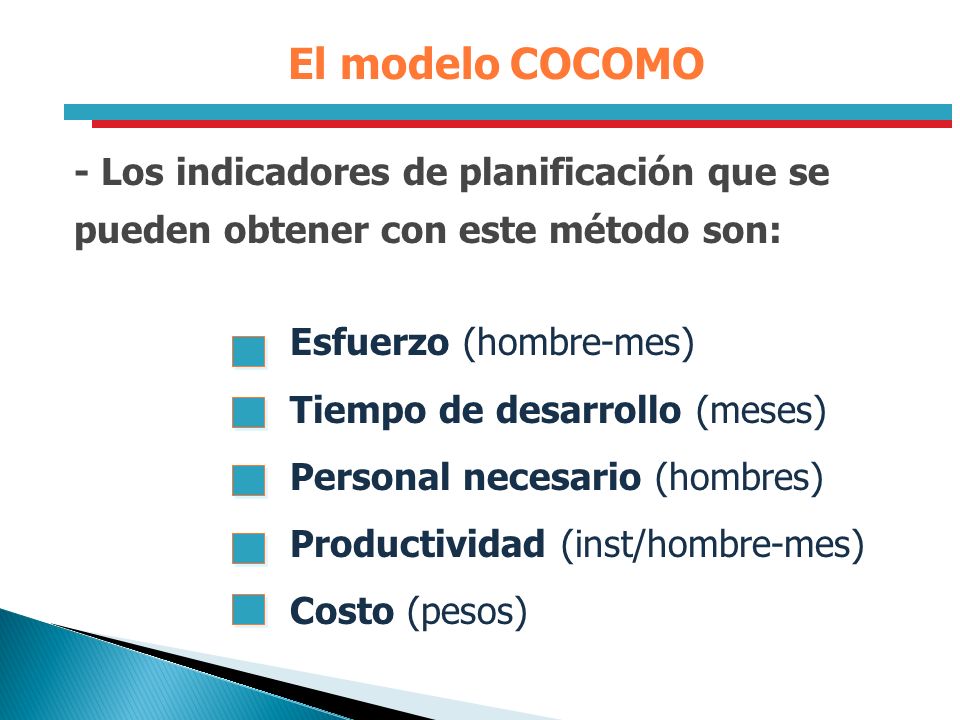 El modelo COCOMO - Los indicadores de planificación que se pueden obtener con este método son: Esfuerzo (hombre-mes)