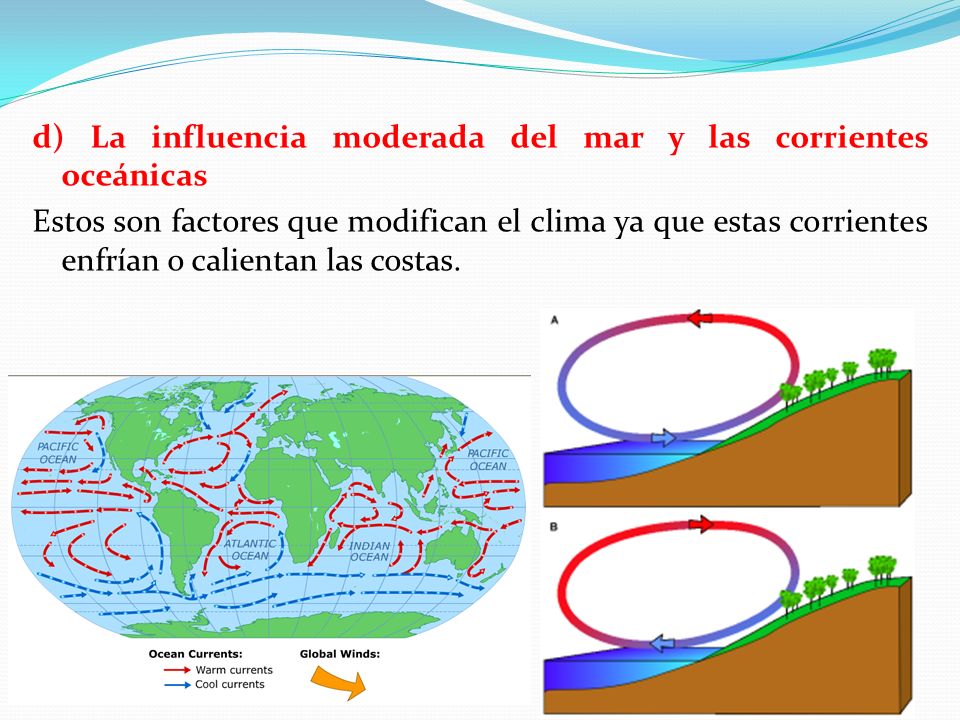 d) La influencia moderada del mar y las corrientes oceánicas Estos son factores que modifican el clima ya que estas corrientes enfrían o calientan las costas.