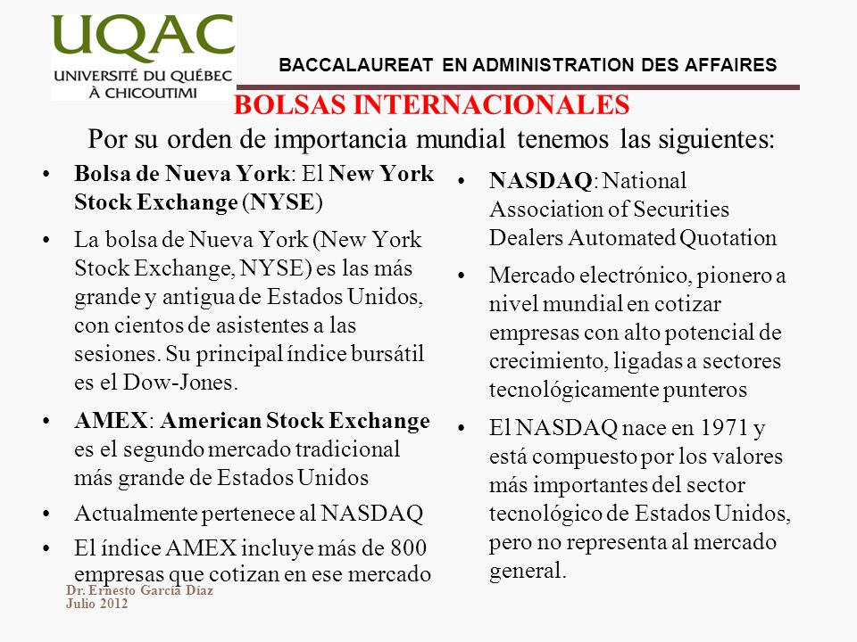 BOLSAS INTERNACIONALES Por su orden de importancia mundial tenemos las siguientes: