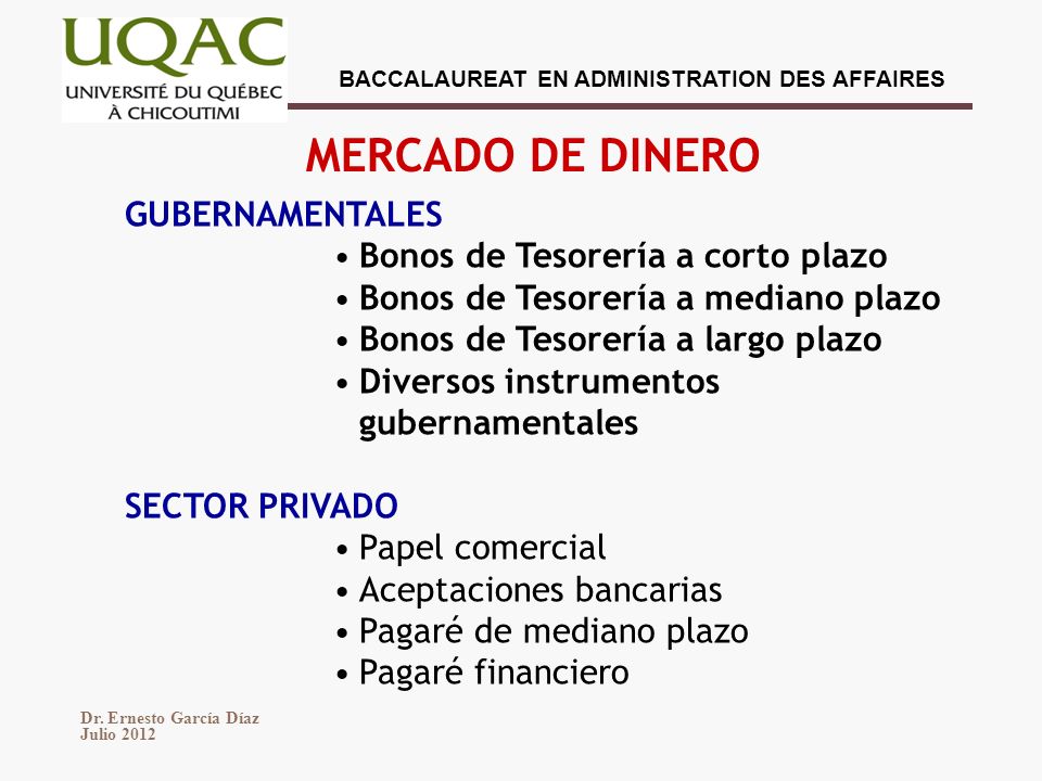 MERCADO DE DINERO GUBERNAMENTALES Bonos de Tesorería a corto plazo