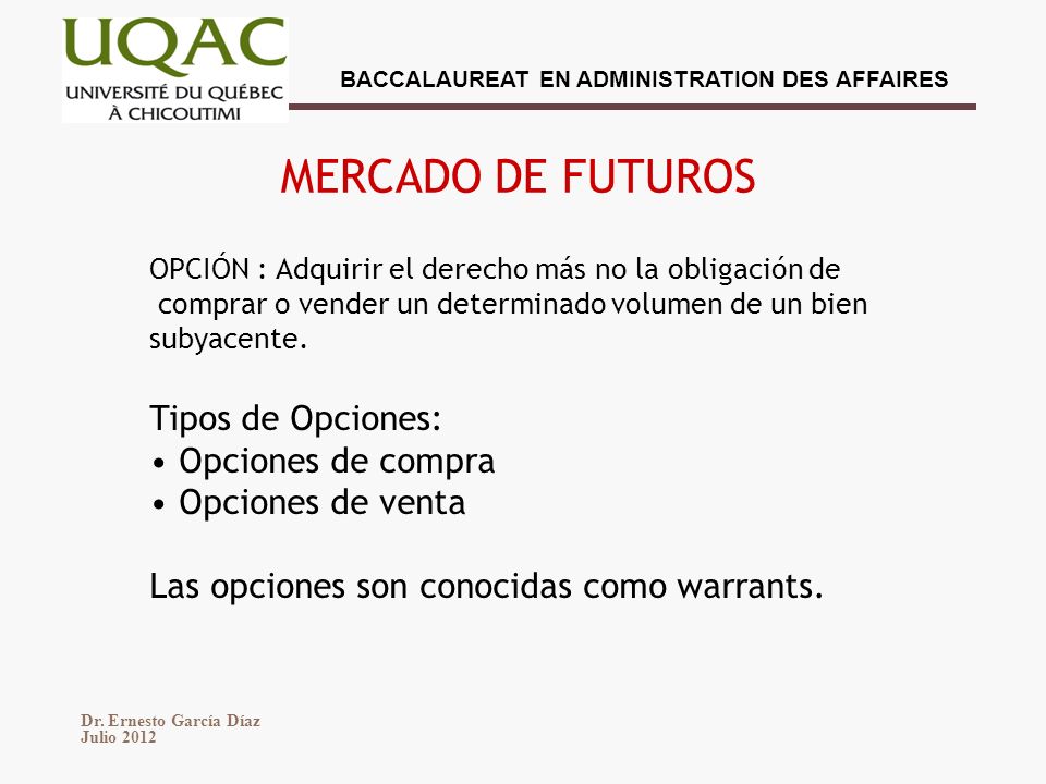 MERCADO DE FUTUROS Tipos de Opciones: Opciones de compra