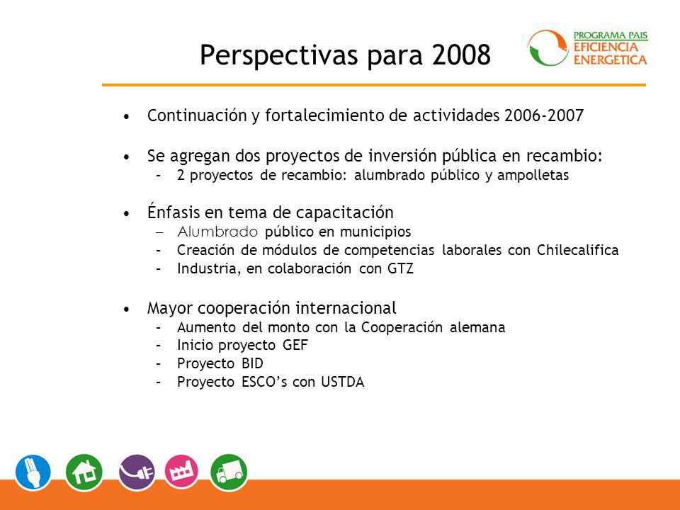 Perspectivas para 2008 Continuación y fortalecimiento de actividades Se agregan dos proyectos de inversión pública en recambio: