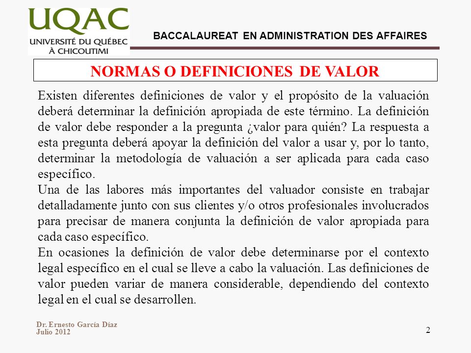 NORMAS O DEFINICIONES DE VALOR