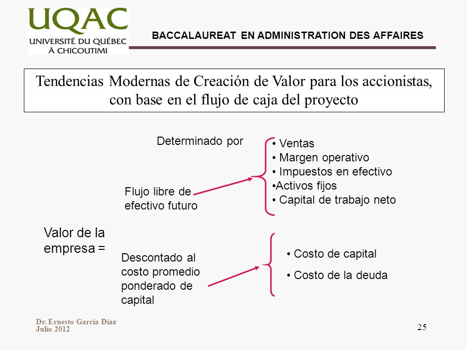Tendencias Modernas de Creación de Valor para los accionistas, con base en el flujo de caja del proyecto