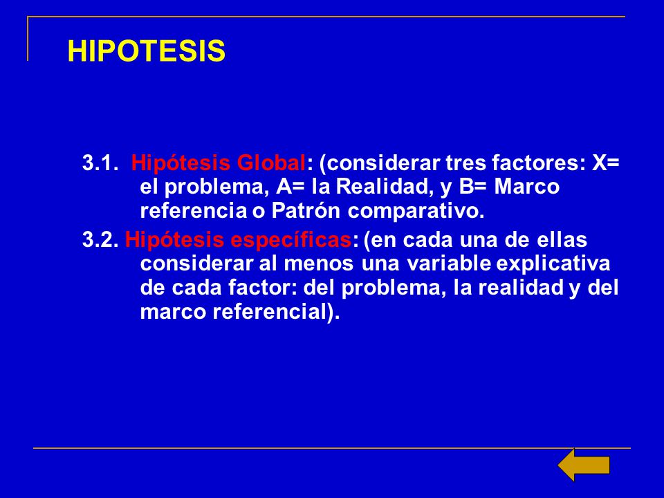 HIPOTESIS 3.1. Hipótesis Global: (considerar tres factores: X= el problema, A= la Realidad, y B= Marco referencia o Patrón comparativo.