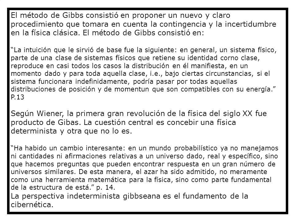 El método de Gibbs consistió en proponer un nuevo y claro procedimiento que tomara en cuenta la contingencia y la incertidumbre en la física clásica. El método de Gibbs consistió en: