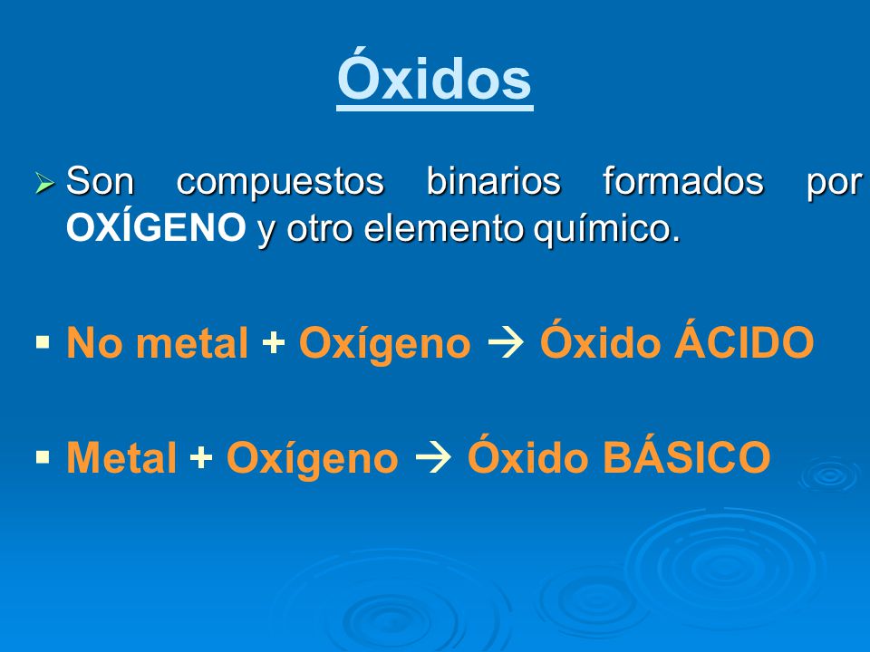 Óxidos No metal + Oxígeno  Óxido ÁCIDO Metal + Oxígeno  Óxido BÁSICO