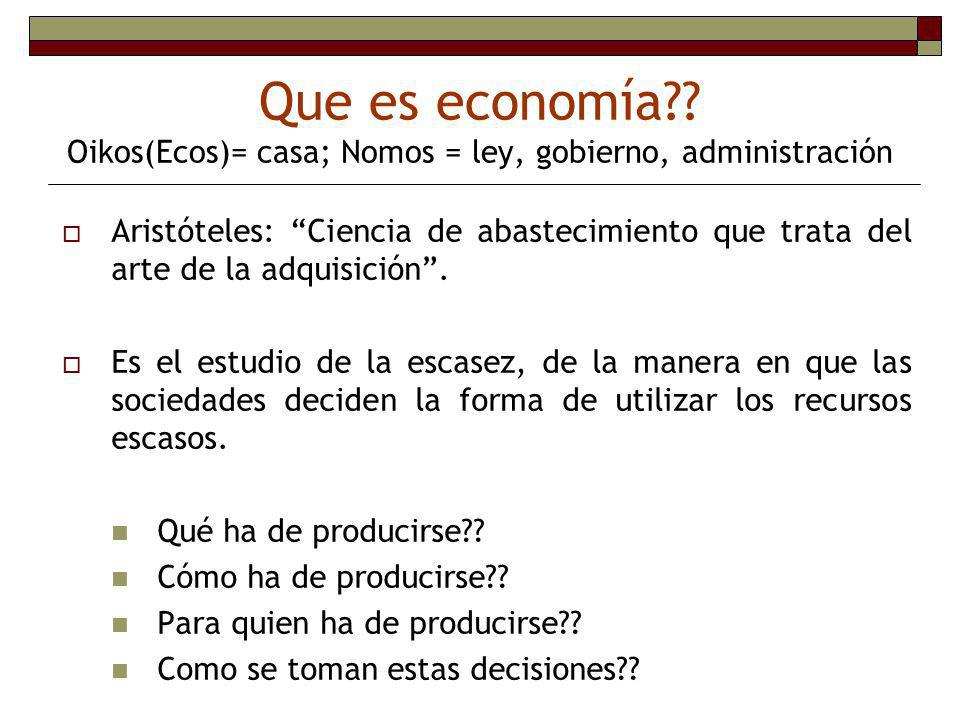 Que es economía Oikos(Ecos)= casa; Nomos = ley, gobierno, administración