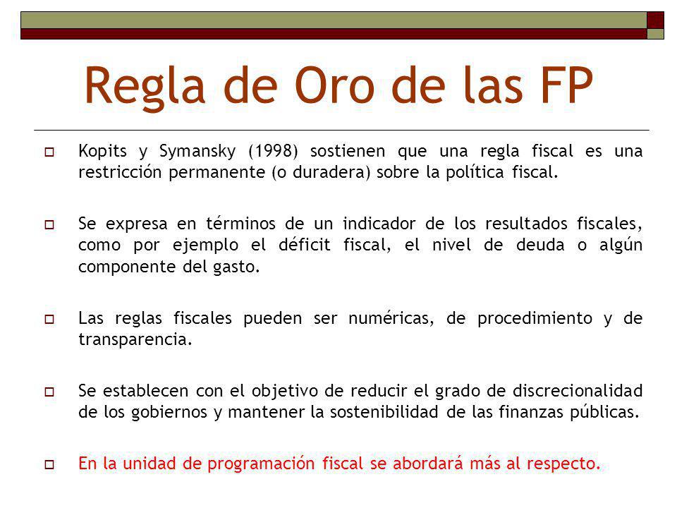 Regla de Oro de las FP Kopits y Symansky (1998) sostienen que una regla fiscal es una restricción permanente (o duradera) sobre la política fiscal.