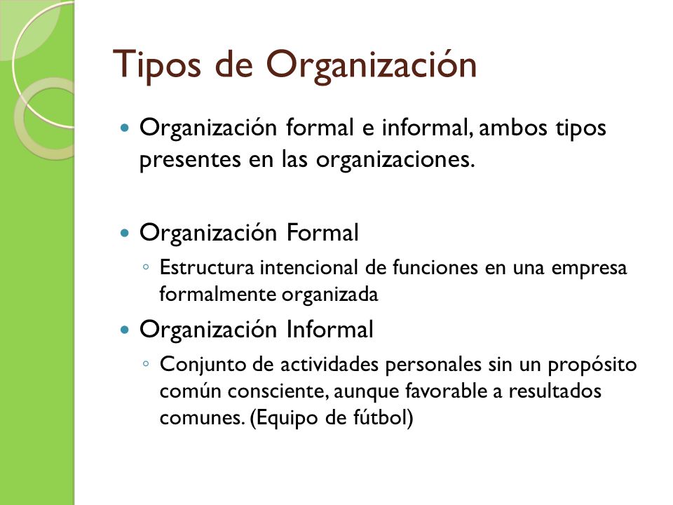 Tipos de Organización Organización formal e informal, ambos tipos presentes en las organizaciones.