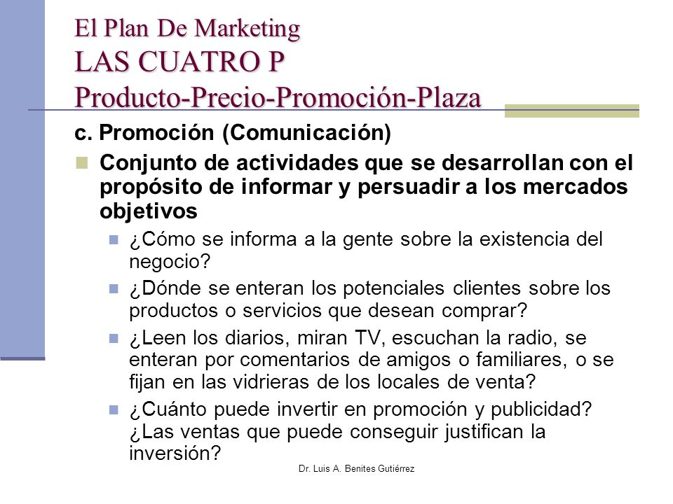 El Plan De Marketing LAS CUATRO P Producto-Precio-Promoción-Plaza
