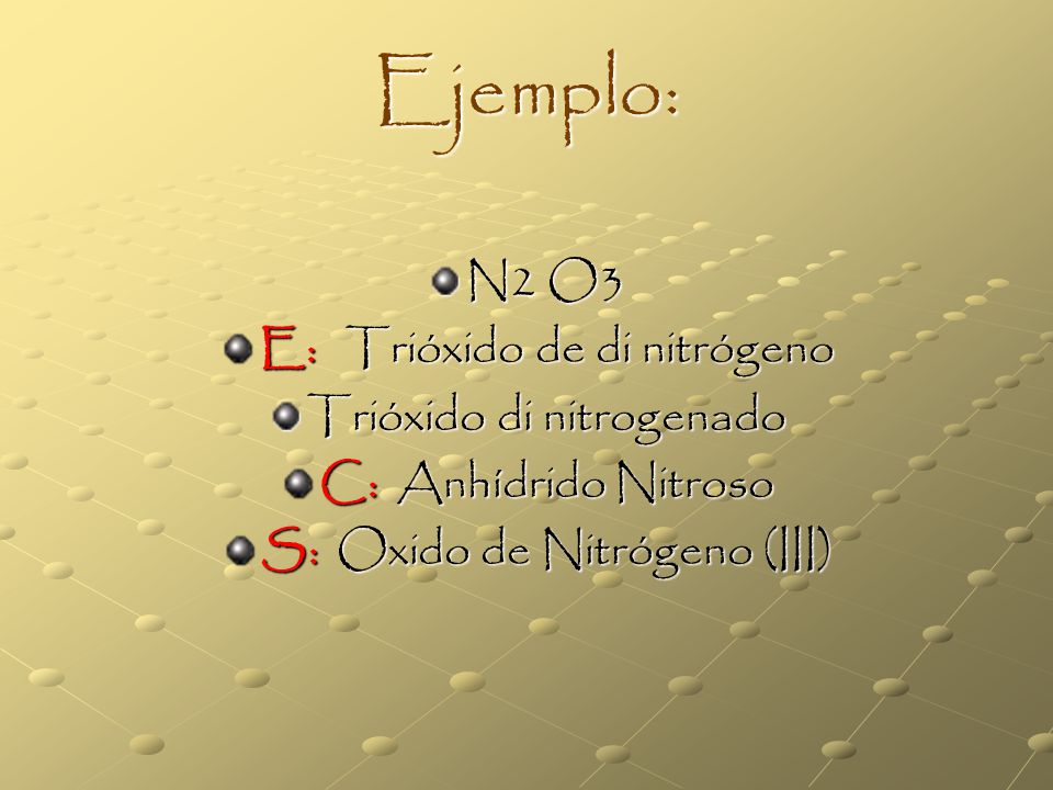Ejemplo: N2 O3 E: Trióxido de di nitrógeno Trióxido di nitrogenado
