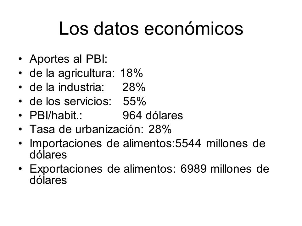Los datos económicos Aportes al PBI: de la agricultura: 18%