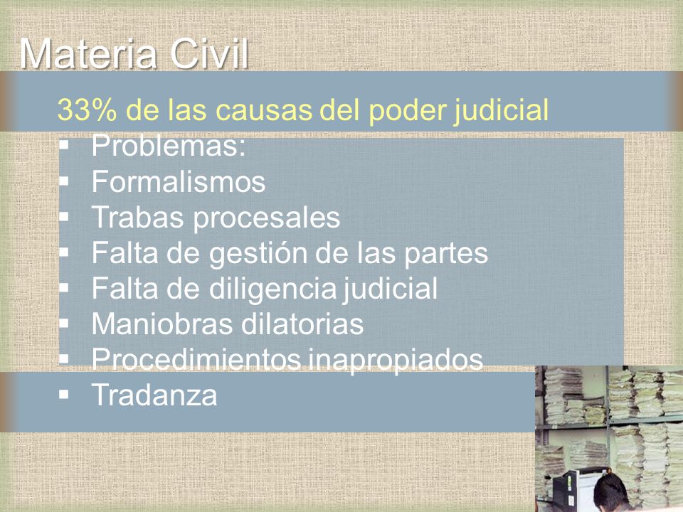Materia Civil 33% de las causas del poder judicial Problemas: