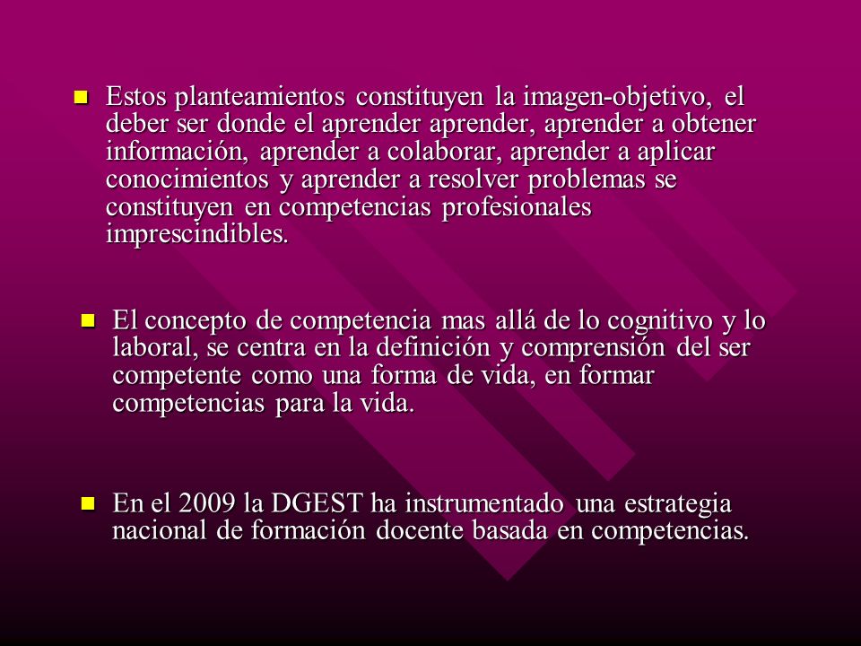 Estos planteamientos constituyen la imagen-objetivo, el deber ser donde el aprender aprender, aprender a obtener información, aprender a colaborar, aprender a aplicar conocimientos y aprender a resolver problemas se constituyen en competencias profesionales imprescindibles.