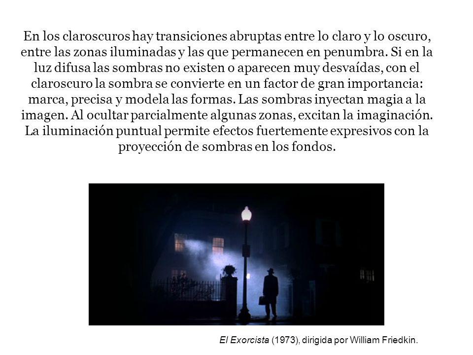 En los claroscuros hay transiciones abruptas entre lo claro y lo oscuro, entre las zonas iluminadas y las que permanecen en penumbra. Si en la luz difusa las sombras no existen o aparecen muy desvaídas, con el claroscuro la sombra se convierte en un factor de gran importancia: marca, precisa y modela las formas. Las sombras inyectan magia a la imagen. Al ocultar parcialmente algunas zonas, excitan la imaginación. La iluminación puntual permite efectos fuertemente expresivos con la proyección de sombras en los fondos.