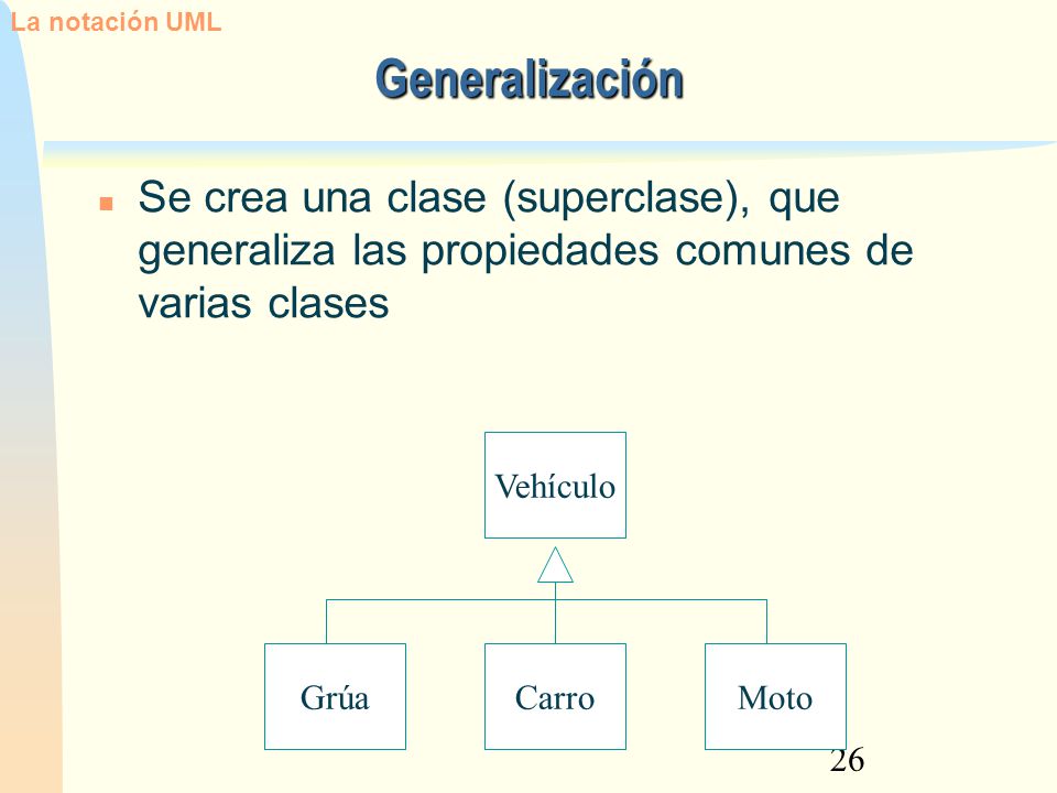 La notación UML 12/02/13. Generalización. Se crea una clase (superclase), que generaliza las propiedades comunes de varias clases.