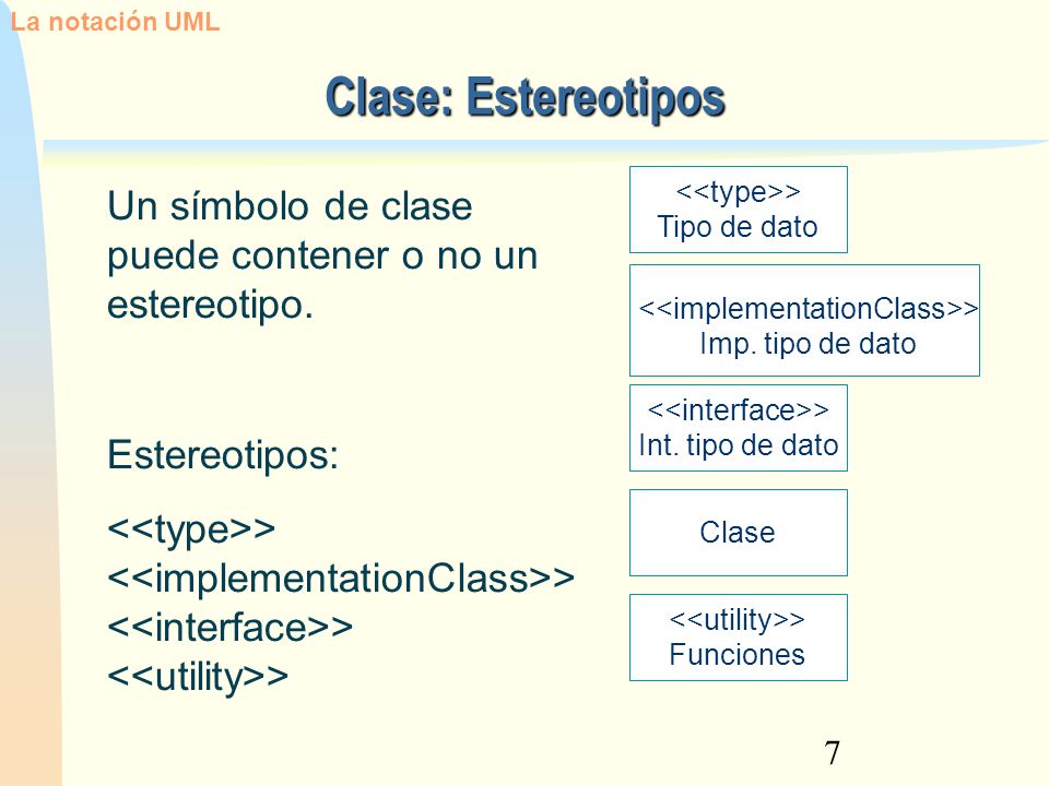 La notación UML Clase: Estereotipos. 12/02/13. <<type>> Tipo de dato. <<implementationClass>> Imp. tipo de dato.