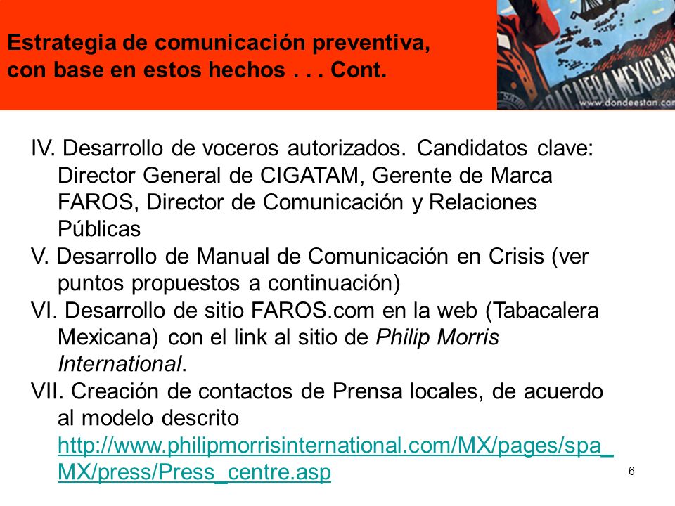 Estrategia de comunicación preventiva, con base en estos hechos Cont.