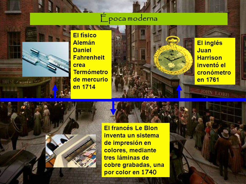 Época moderna El físico Alemán Daniel Fahrenheit crea Termómetro de mercurio en El inglés Juan Harrison inventó el cronómetro en