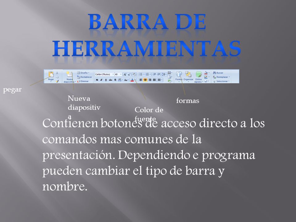 BARRA DE HERRAMIENTAS pegar. Nueva diapositiva. formas. Color de fuente.