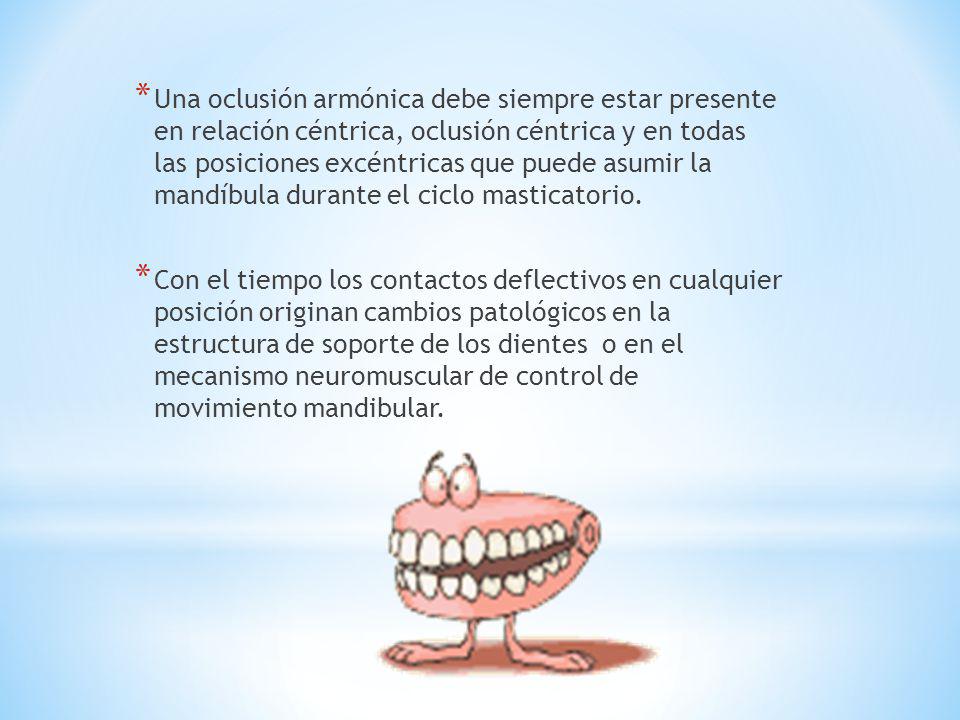 Una oclusión armónica debe siempre estar presente en relación céntrica, oclusión céntrica y en todas las posiciones excéntricas que puede asumir la mandíbula durante el ciclo masticatorio.