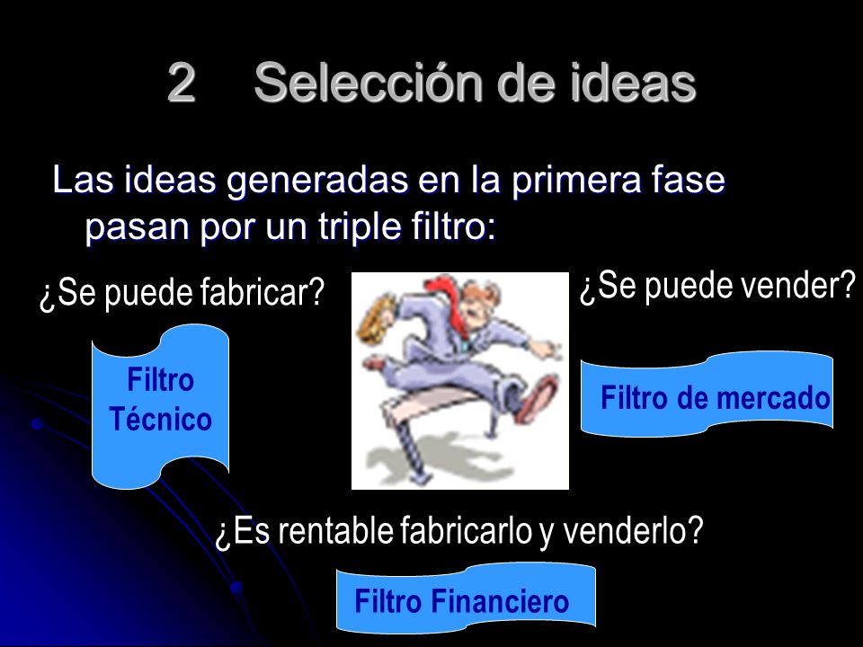2 Selección de ideas Las ideas generadas en la primera fase pasan por un triple filtro: ¿Se puede vender
