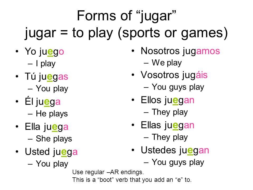 Forms of jugar jugar = to play (sports or games)