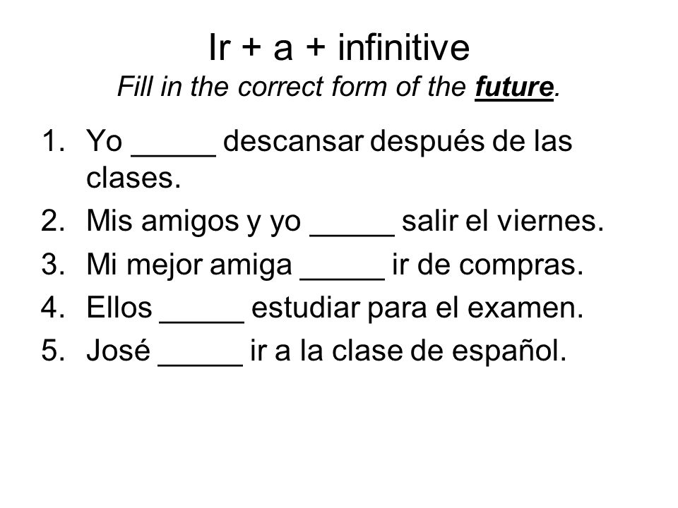 Ir + a + infinitive Fill in the correct form of the future.