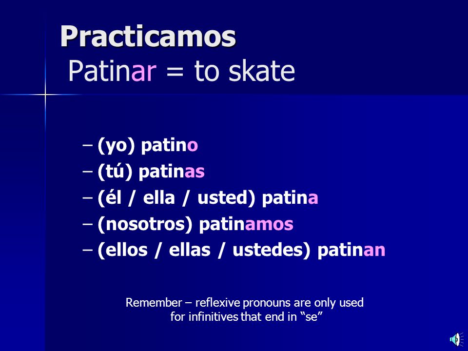 Practicamos Patinar = to skate