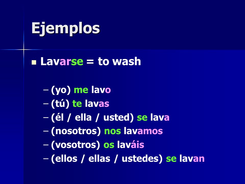 Ejemplos Lavarse = to wash (yo) me lavo (tú) te lavas