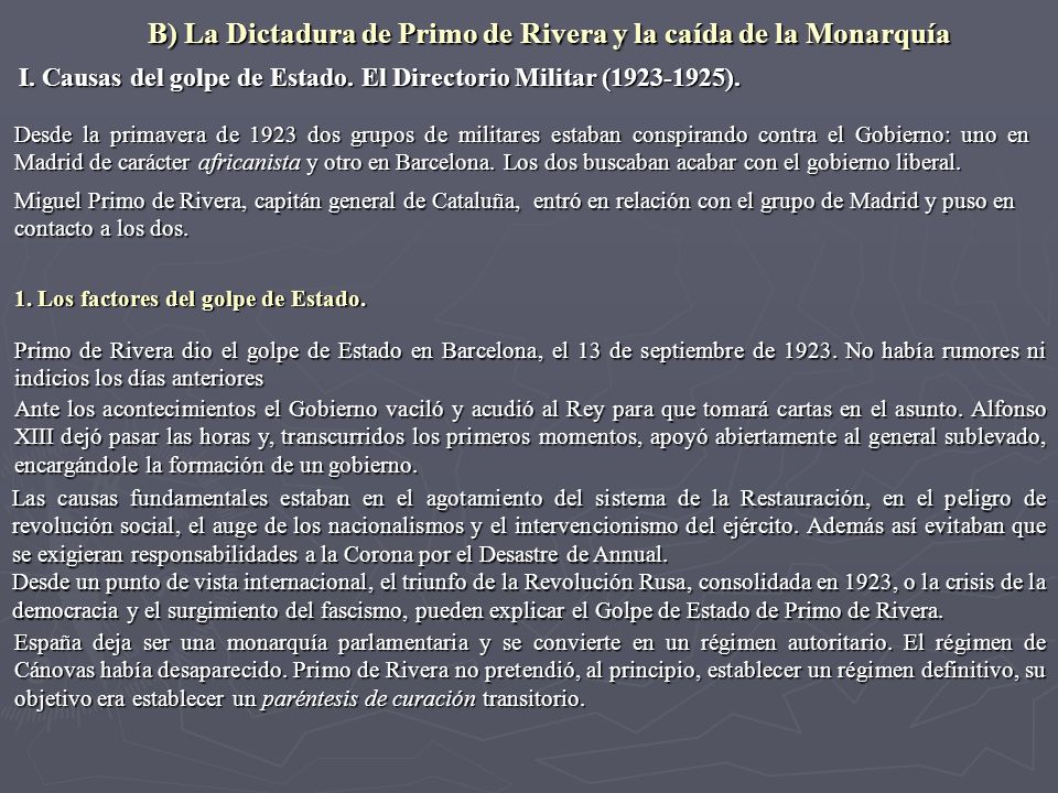 B) La Dictadura de Primo de Rivera y la caída de la Monarquía