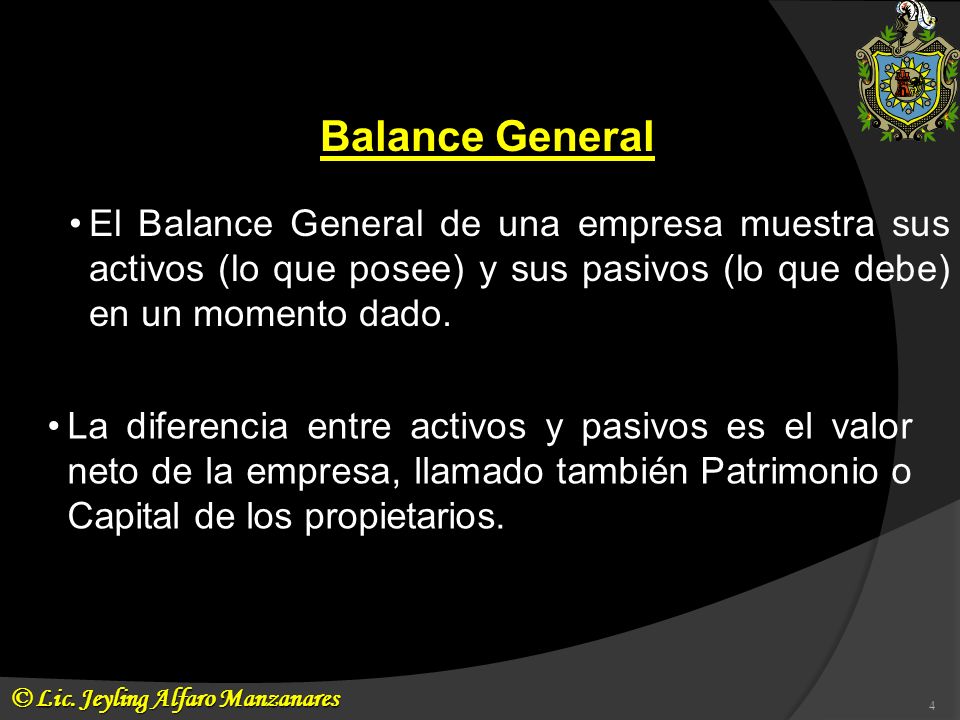 Balance General El Balance General de una empresa muestra sus activos (lo que posee) y sus pasivos (lo que debe) en un momento dado.
