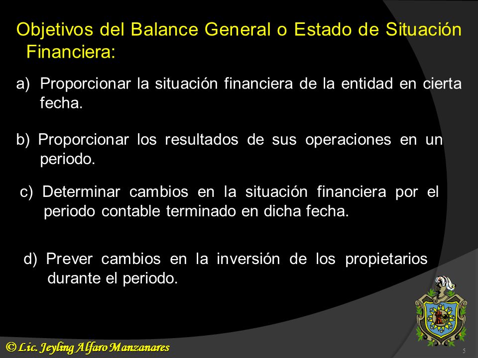 Objetivos del Balance General o Estado de Situación Financiera: