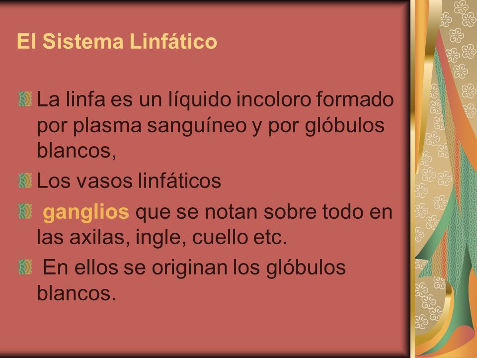 El Sistema Linfático La linfa es un líquido incoloro formado por plasma sanguíneo y por glóbulos blancos,