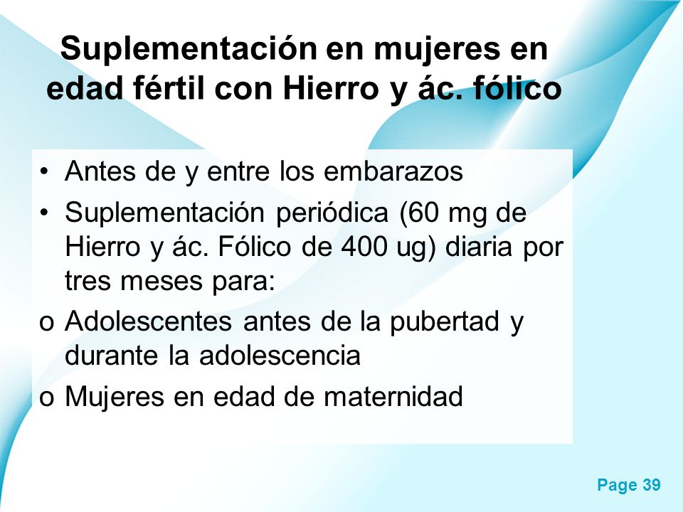 Suplementación en mujeres en edad fértil con Hierro y ác. fólico