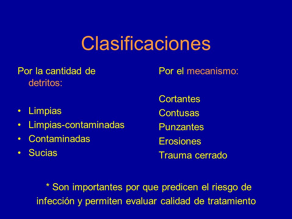 Clasificaciones * Son importantes por que predicen el riesgo de infección y permiten evaluar calidad de tratamiento